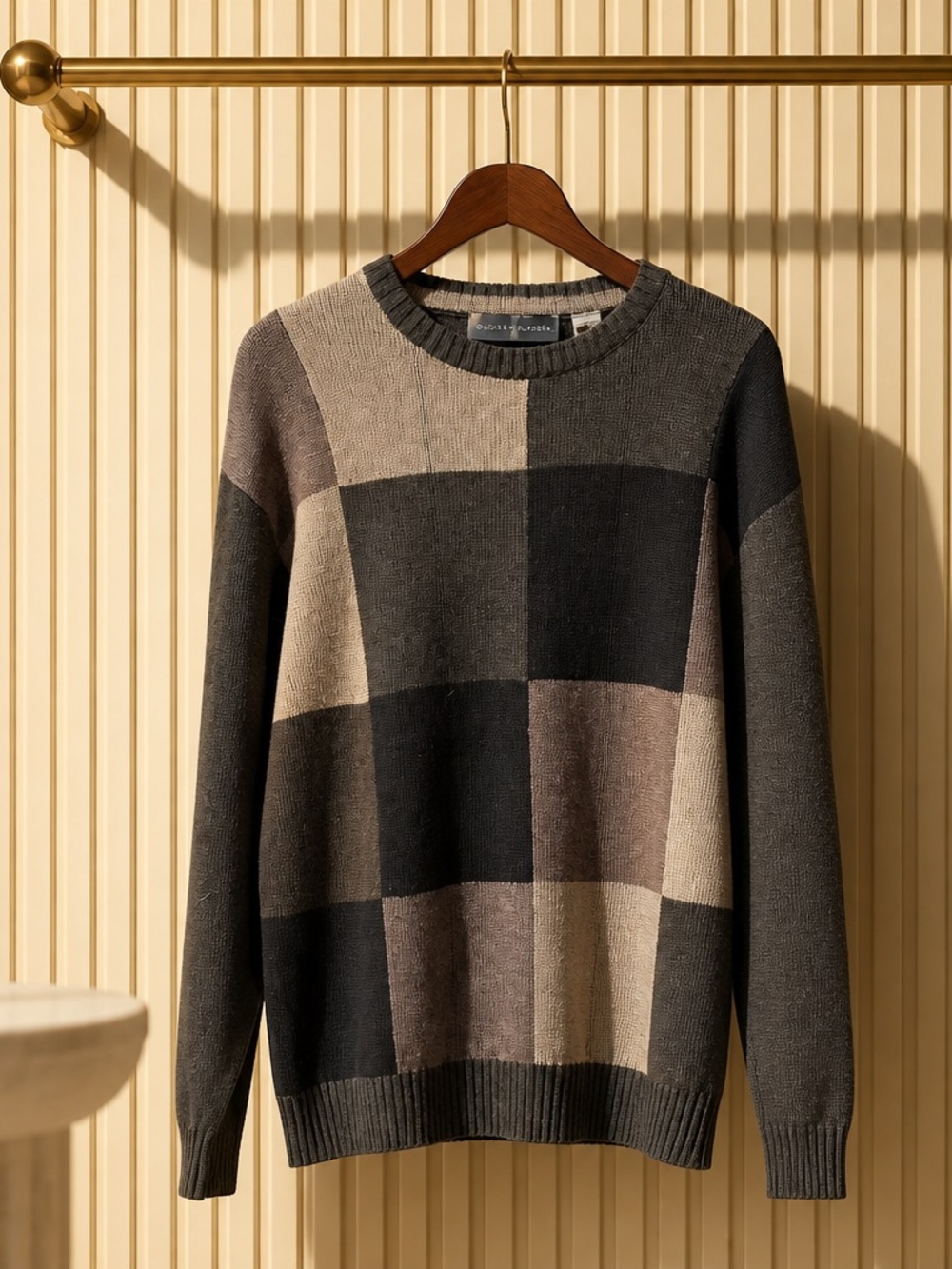 Oscar de la Renta Men's Checkerboard Crewneck Sweater in Gray and Brown